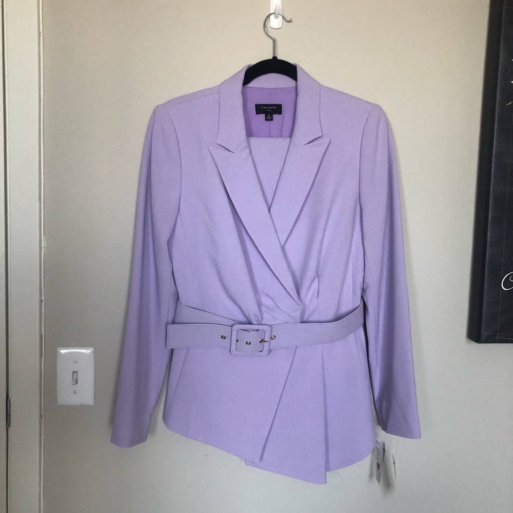 Tahari Lilac Belted Asymmetrical Suit Blazer Skirt